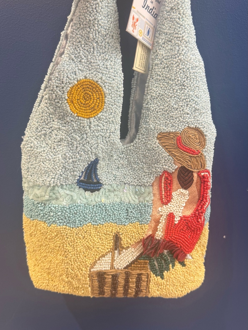 Hand-Beaded Beach Scene Tote Bag - Light Blue & Yellow
